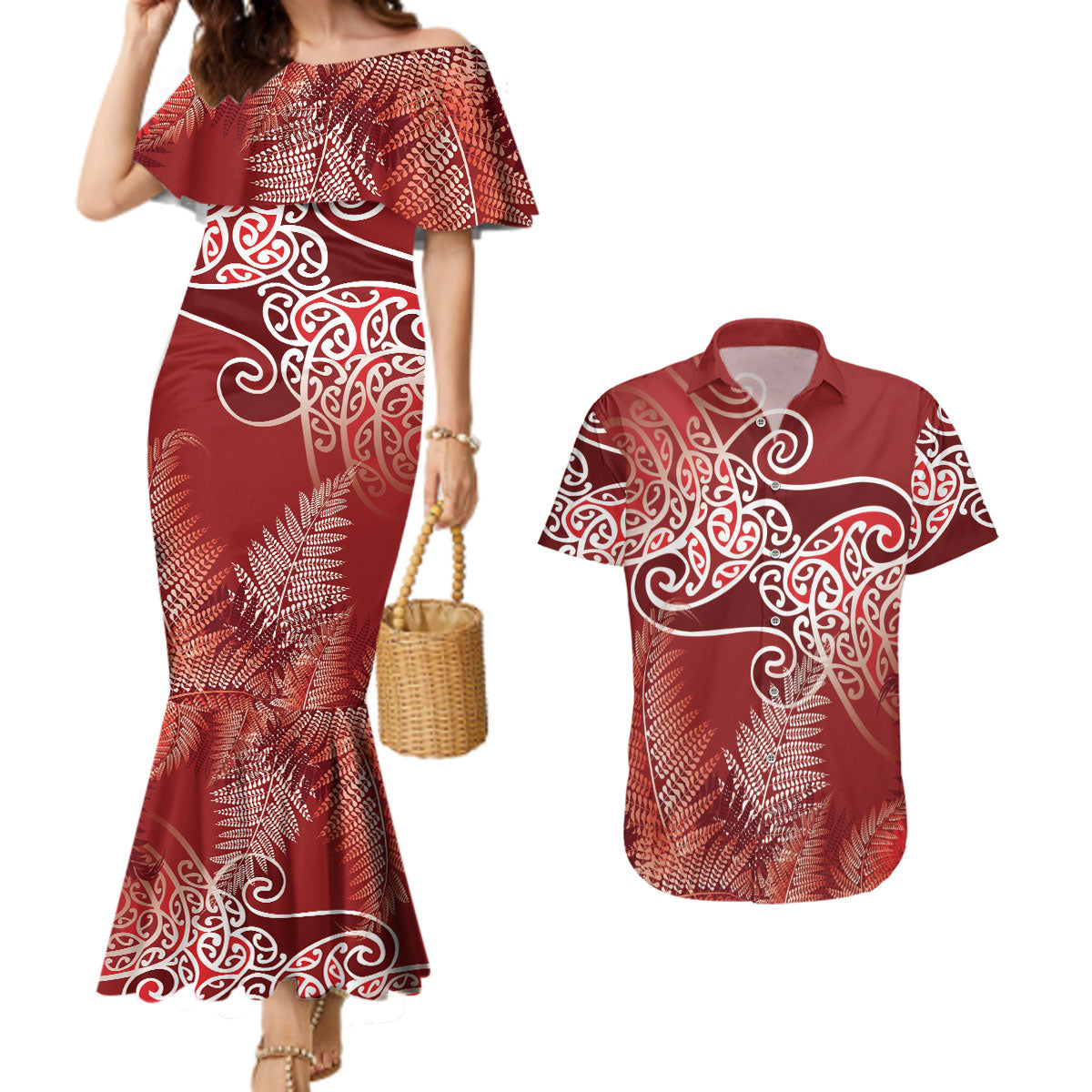 Aotearoa Maori Koru Curves Couples Matching Mermaid Dress and Hawaiian Shirt Silver Ferns - Crimson Red LT7 Red - Polynesian Pride