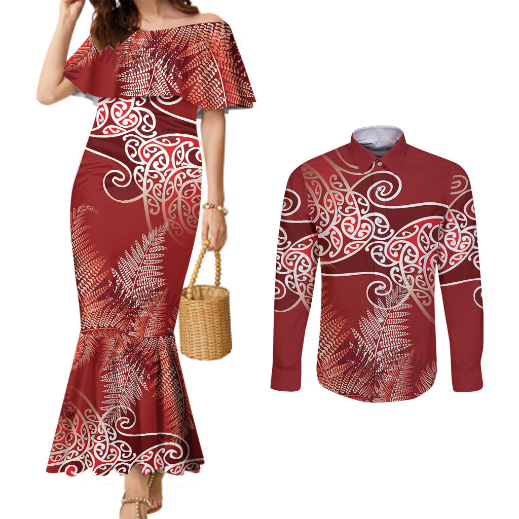 Aotearoa Maori Koru Curves Couples Matching Mermaid Dress and Long Sleeve Button Shirt Silver Ferns - Crimson Red LT7 Red - Polynesian Pride