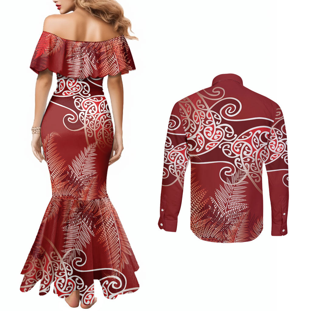 Aotearoa Maori Koru Curves Couples Matching Mermaid Dress and Long Sleeve Button Shirt Silver Ferns - Crimson Red LT7 - Polynesian Pride