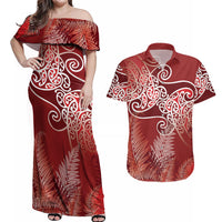 Aotearoa Maori Koru Curves Couples Matching Off Shoulder Maxi Dress and Hawaiian Shirt Silver Ferns - Crimson Red LT7 Red - Polynesian Pride
