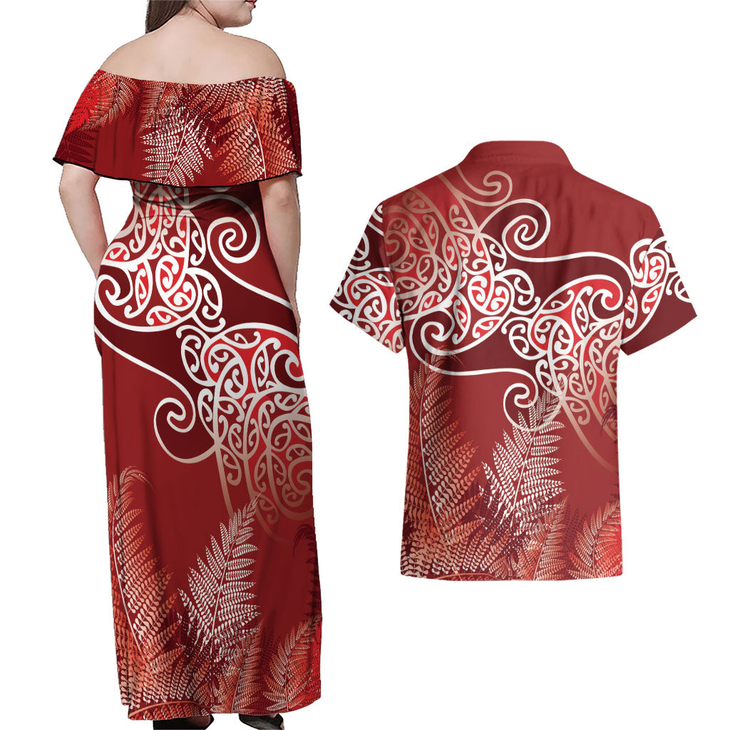 Aotearoa Maori Koru Curves Couples Matching Off Shoulder Maxi Dress and Hawaiian Shirt Silver Ferns - Crimson Red LT7 - Polynesian Pride