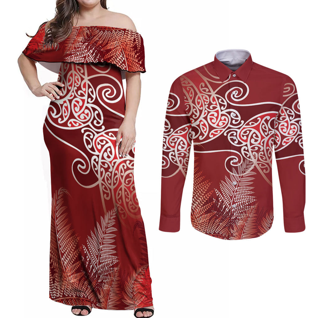 Aotearoa Maori Koru Curves Couples Matching Off Shoulder Maxi Dress and Long Sleeve Button Shirt Silver Ferns - Crimson Red