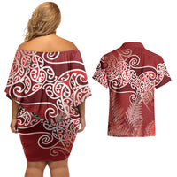 Aotearoa Maori Koru Curves Couples Matching Off Shoulder Short Dress and Hawaiian Shirt Silver Ferns - Crimson Red LT7 - Polynesian Pride