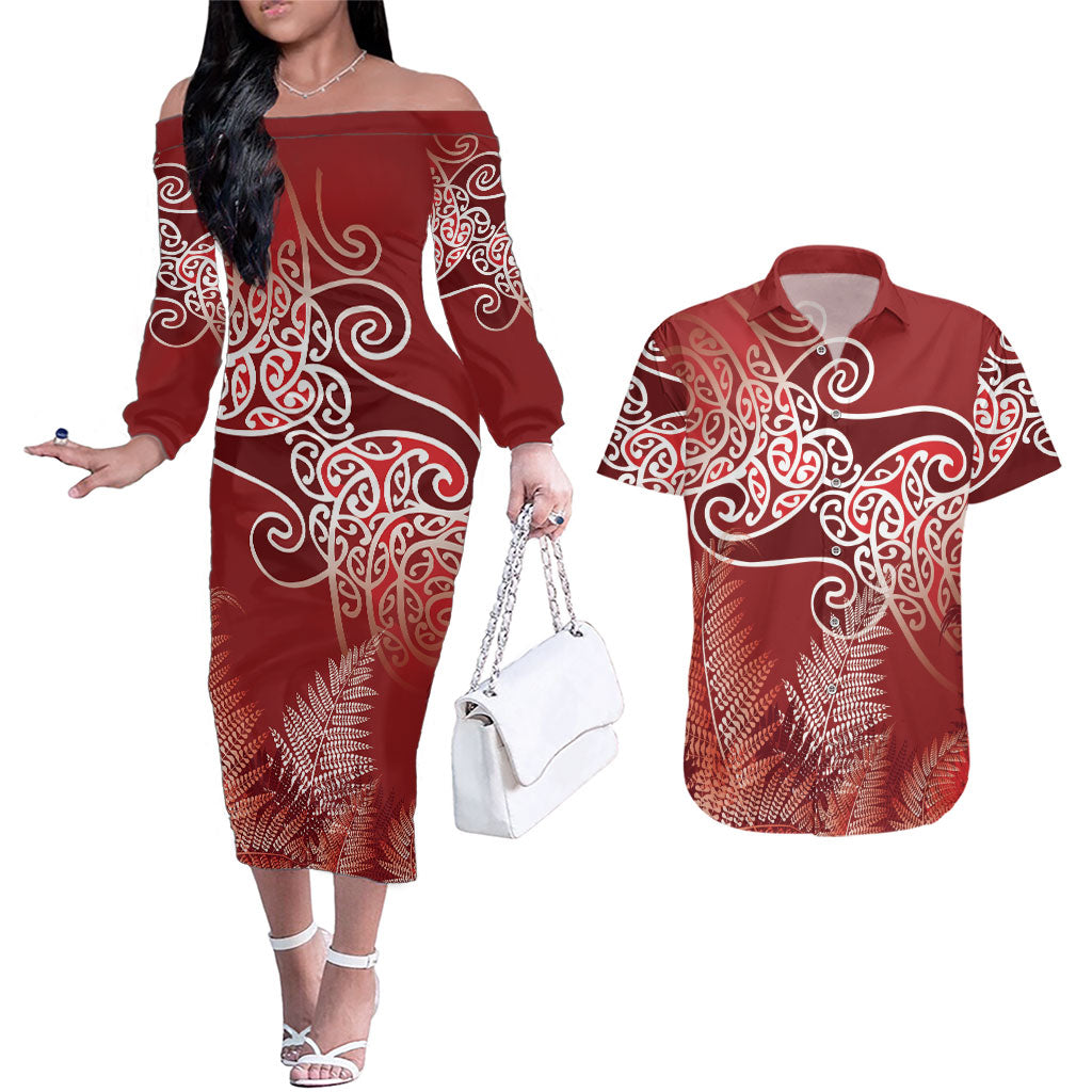 Aotearoa Maori Koru Curves Couples Matching Off The Shoulder Long Sleeve Dress and Hawaiian Shirt Silver Ferns - Crimson Red LT7 Red - Polynesian Pride