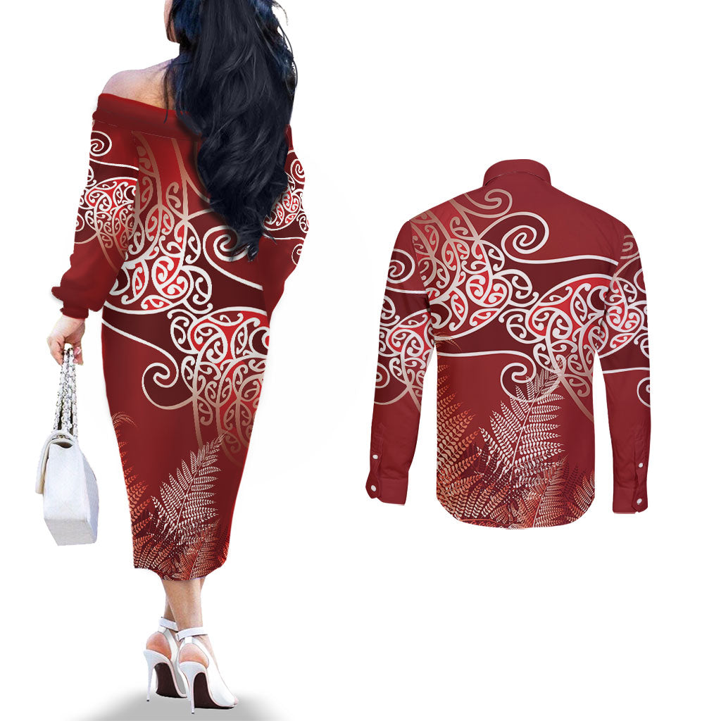 Aotearoa Maori Koru Curves Couples Matching Off The Shoulder Long Sleeve Dress and Long Sleeve Button Shirt Silver Ferns - Crimson Red LT7 - Polynesian Pride