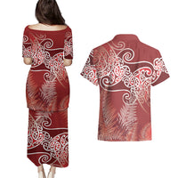 Aotearoa Maori Koru Curves Couples Matching Puletasi and Hawaiian Shirt Silver Ferns - Crimson Red