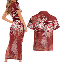 Aotearoa Maori Koru Curves Couples Matching Short Sleeve Bodycon Dress and Hawaiian Shirt Silver Ferns - Crimson Red LT7 - Polynesian Pride