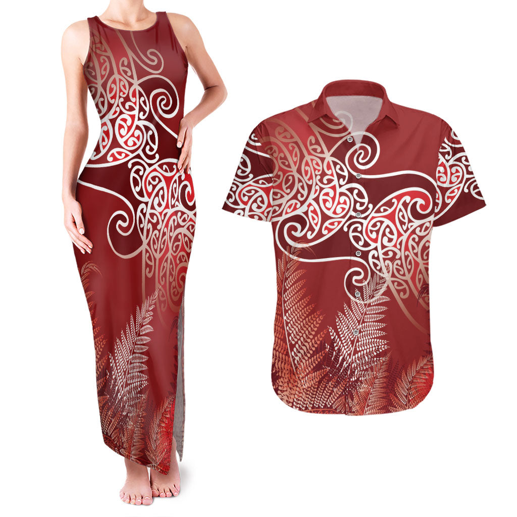 Aotearoa Maori Koru Curves Couples Matching Tank Maxi Dress and Hawaiian Shirt Silver Ferns - Crimson Red