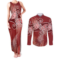 Aotearoa Maori Koru Curves Couples Matching Tank Maxi Dress and Long Sleeve Button Shirt Silver Ferns - Crimson Red LT7 Red - Polynesian Pride