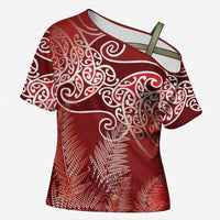 Aotearoa Maori Koru Curves Cross Shoulder Shirt Silver Ferns - Crimson Red