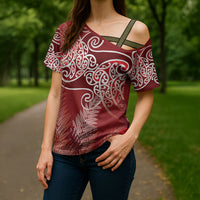 Aotearoa Maori Koru Curves Cross Shoulder Shirt Silver Ferns - Crimson Red