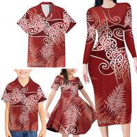 Aotearoa Maori Koru Curves Family Matching Long Sleeve Bodycon Dress and Hawaiian Shirt Silver Ferns - Crimson Red LT7 - Polynesian Pride
