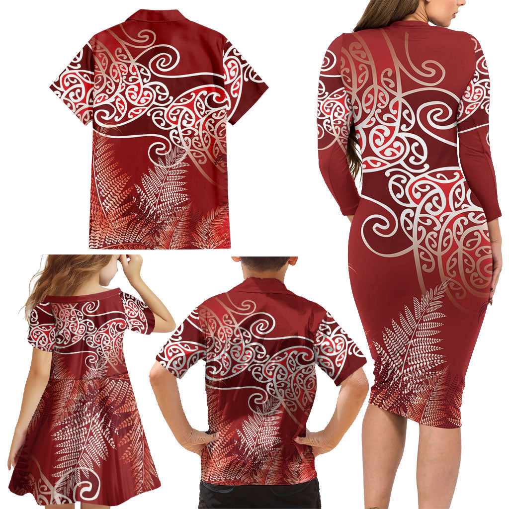 Aotearoa Maori Koru Curves Family Matching Long Sleeve Bodycon Dress and Hawaiian Shirt Silver Ferns - Crimson Red LT7 - Polynesian Pride