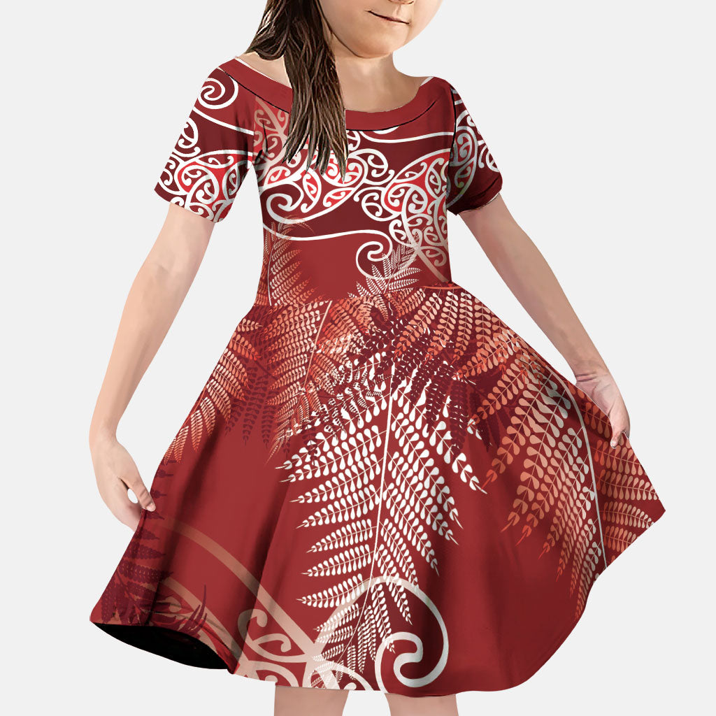 Aotearoa Maori Koru Curves Family Matching Mermaid Dress and Hawaiian Shirt Silver Ferns - Crimson Red LT7 Daughter's Dress Red - Polynesian Pride