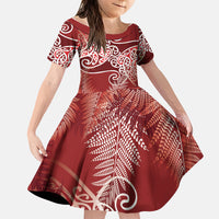 Aotearoa Maori Koru Curves Family Matching Mermaid Dress and Hawaiian Shirt Silver Ferns - Crimson Red LT7 Daughter's Dress Red - Polynesian Pride