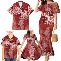 Aotearoa Maori Koru Curves Family Matching Mermaid Dress and Hawaiian Shirt Silver Ferns - Crimson Red LT7 - Polynesian Pride