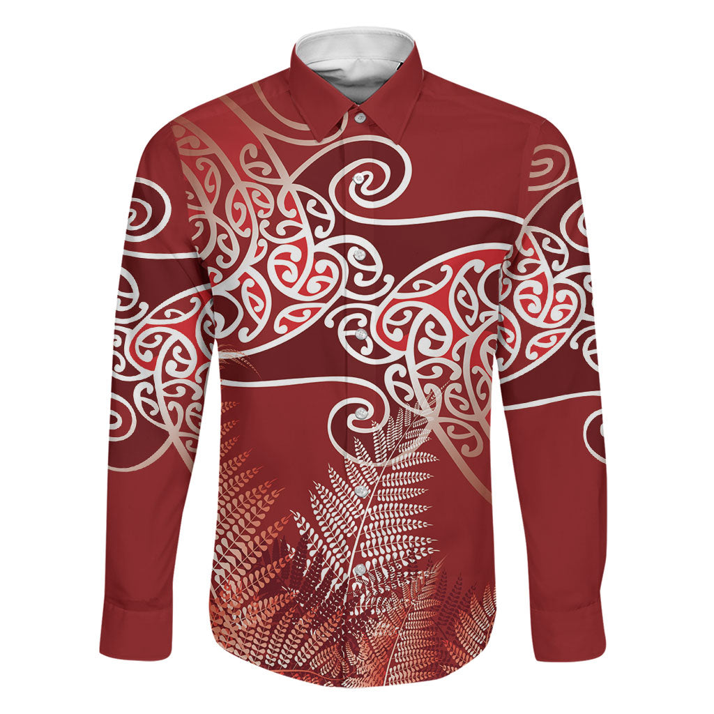 Aotearoa Maori Koru Curves Family Matching Off The Shoulder Long Sleeve Dress and Hawaiian Shirt Silver Ferns - Crimson Red LT7 Dad's Shirt - Long Sleeve Red - Polynesian Pride