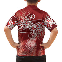 Aotearoa Maori Koru Curves Family Matching Off Shoulder Maxi Dress and Hawaiian Shirt Silver Ferns - Crimson Red LT7 - Polynesian Pride