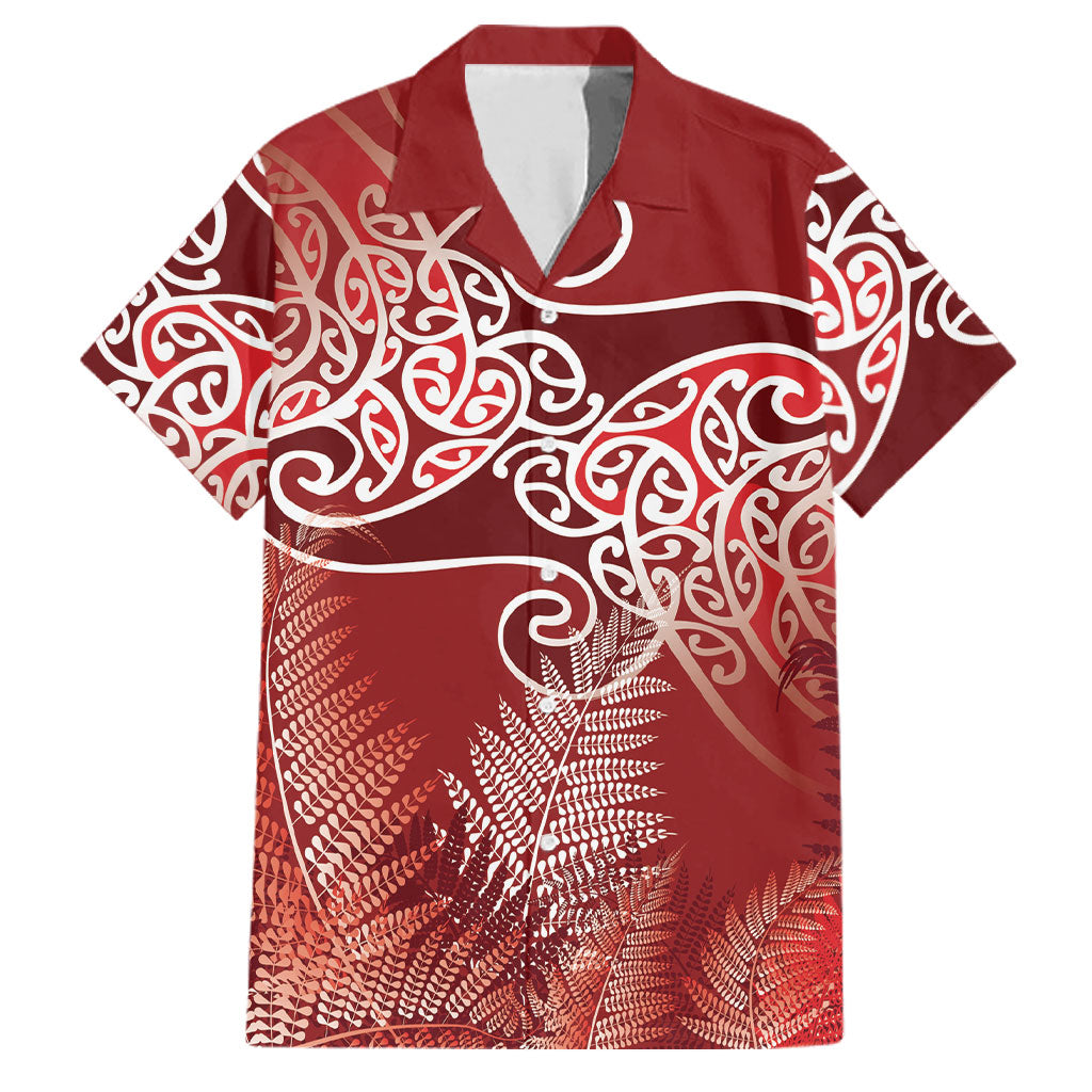 Aotearoa Maori Koru Curves Family Matching Off Shoulder Short Dress and Hawaiian Shirt Silver Ferns - Crimson Red LT7 Dad's Shirt - Short Sleeve Red - Polynesian Pride