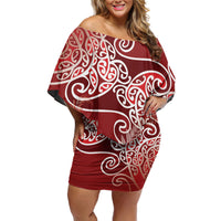 Aotearoa Maori Koru Curves Family Matching Off Shoulder Short Dress and Hawaiian Shirt Silver Ferns - Crimson Red LT7 Mom's Dress Red - Polynesian Pride