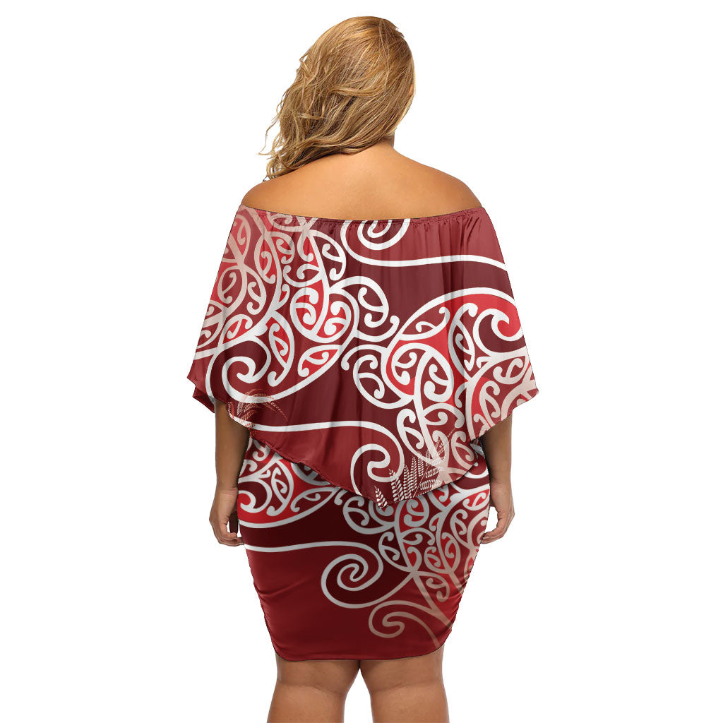 Aotearoa Maori Koru Curves Family Matching Off Shoulder Short Dress and Hawaiian Shirt Silver Ferns - Crimson Red LT7 - Polynesian Pride