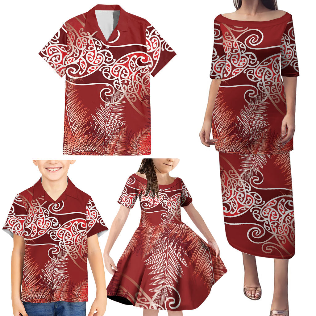 Aotearoa Maori Koru Curves Family Matching Puletasi and Hawaiian Shirt Silver Ferns - Crimson Red LT7 - Polynesian Pride