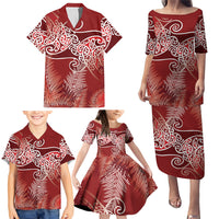 Aotearoa Maori Koru Curves Family Matching Puletasi and Hawaiian Shirt Silver Ferns - Crimson Red LT7 - Polynesian Pride