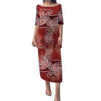 Aotearoa Maori Koru Curves Family Matching Puletasi and Hawaiian Shirt Silver Ferns - Crimson Red LT7 Mom's Dress Red - Polynesian Pride