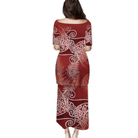 Aotearoa Maori Koru Curves Family Matching Puletasi and Hawaiian Shirt Silver Ferns - Crimson Red LT7 - Polynesian Pride