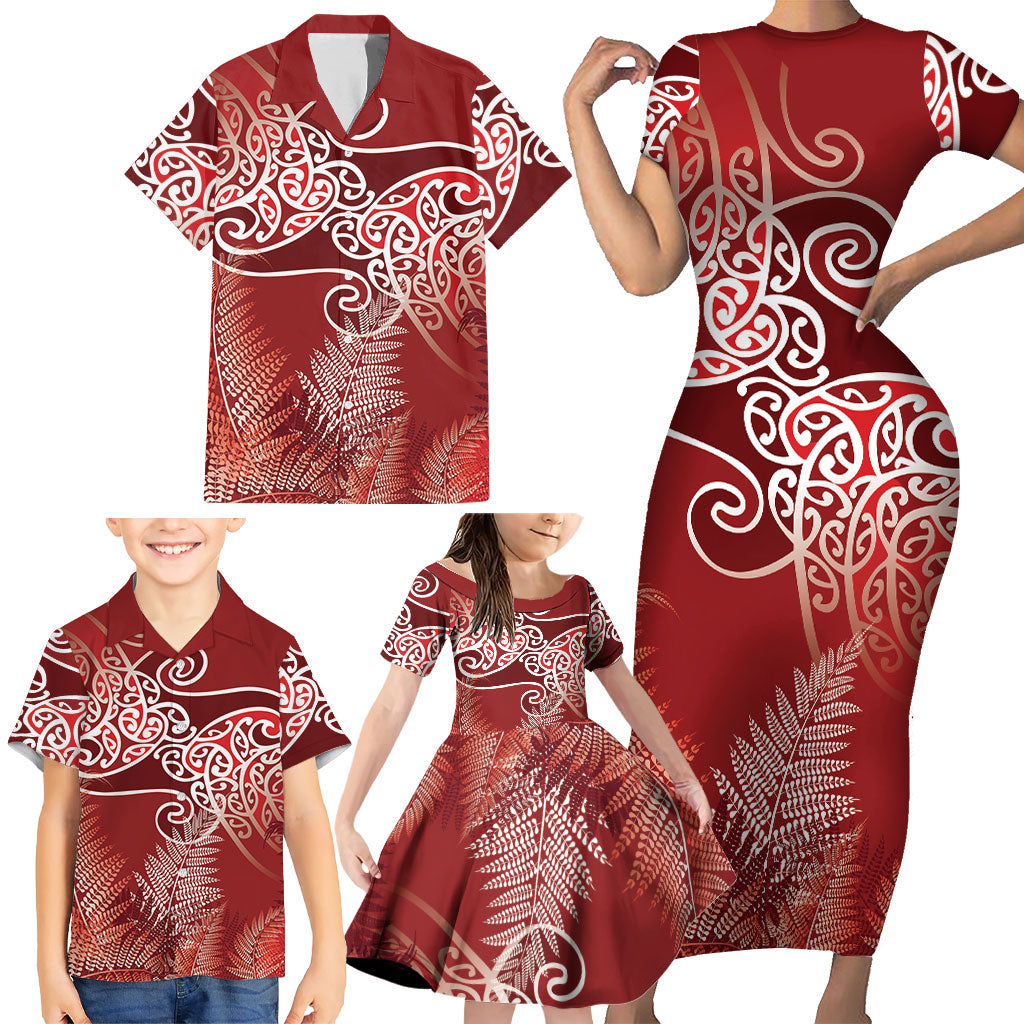 Aotearoa Maori Koru Curves Family Matching Short Sleeve Bodycon Dress and Hawaiian Shirt Silver Ferns - Crimson Red