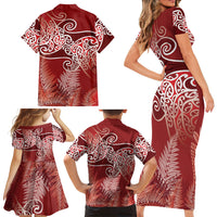 Aotearoa Maori Koru Curves Family Matching Short Sleeve Bodycon Dress and Hawaiian Shirt Silver Ferns - Crimson Red LT7 - Polynesian Pride