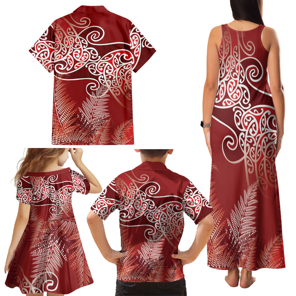 Aotearoa Maori Koru Curves Family Matching Tank Maxi Dress and Hawaiian Shirt Silver Ferns - Crimson Red LT7 - Polynesian Pride