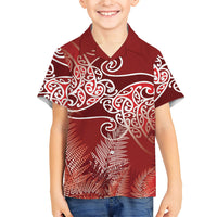 Aotearoa Maori Koru Curves Family Matching Tank Maxi Dress and Hawaiian Shirt Silver Ferns - Crimson Red LT7 Son's Shirt Red - Polynesian Pride