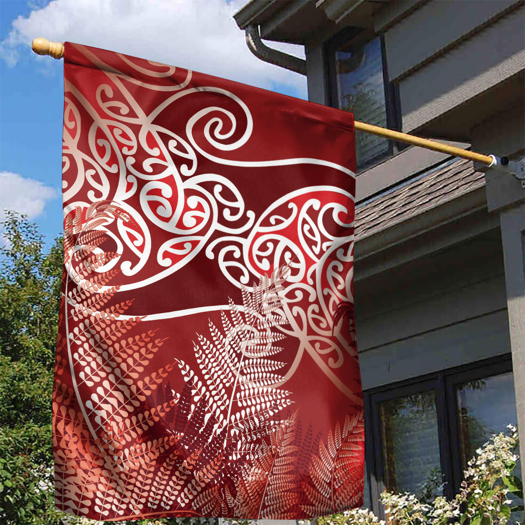 Aotearoa Maori Koru Curves Garden Flag Silver Ferns - Crimson Red