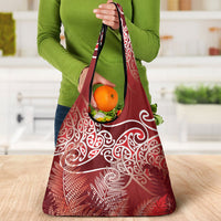 Aotearoa Maori Koru Curves Grocery Bag Silver Ferns - Crimson Red