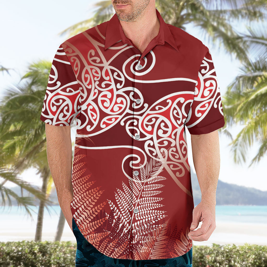 Aotearoa Maori Koru Curves Hawaiian Shirt Silver Ferns - Crimson Red