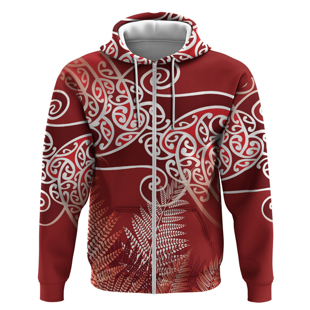 Aotearoa Maori Koru Curves Hoodie Silver Ferns - Crimson Red