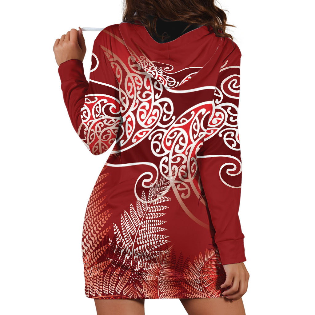 Aotearoa Maori Koru Curves Hoodie Dress Silver Ferns - Crimson Red
