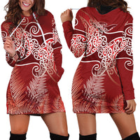 Aotearoa Maori Koru Curves Hoodie Dress Silver Ferns - Crimson Red