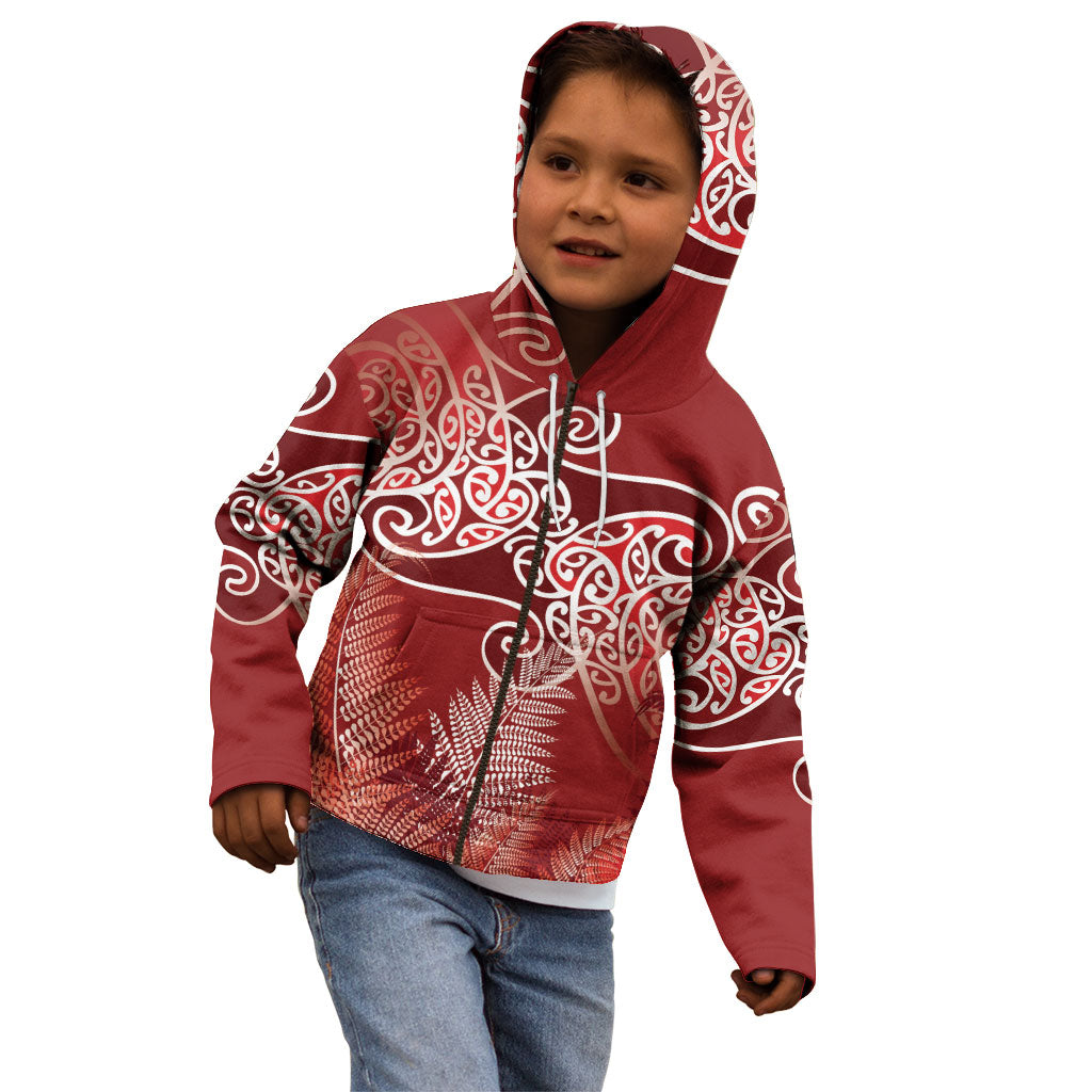 Aotearoa Maori Koru Curves Kid Hoodie Silver Ferns - Crimson Red