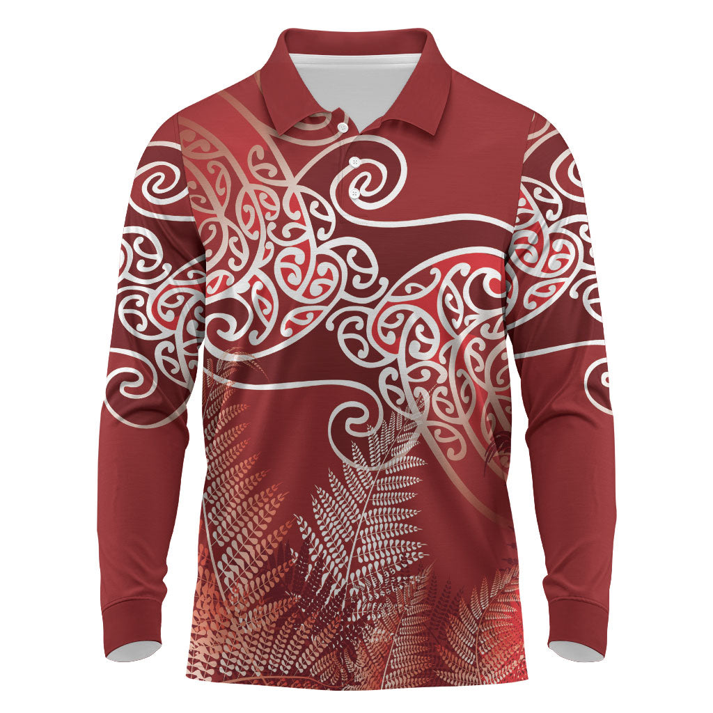Aotearoa Maori Koru Curves Long Sleeve Polo Shirt Silver Ferns - Crimson Red LT7 Red - Polynesian Pride