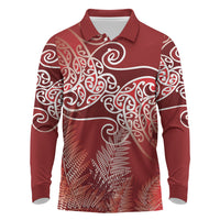 Aotearoa Maori Koru Curves Long Sleeve Polo Shirt Silver Ferns - Crimson Red LT7 Red - Polynesian Pride