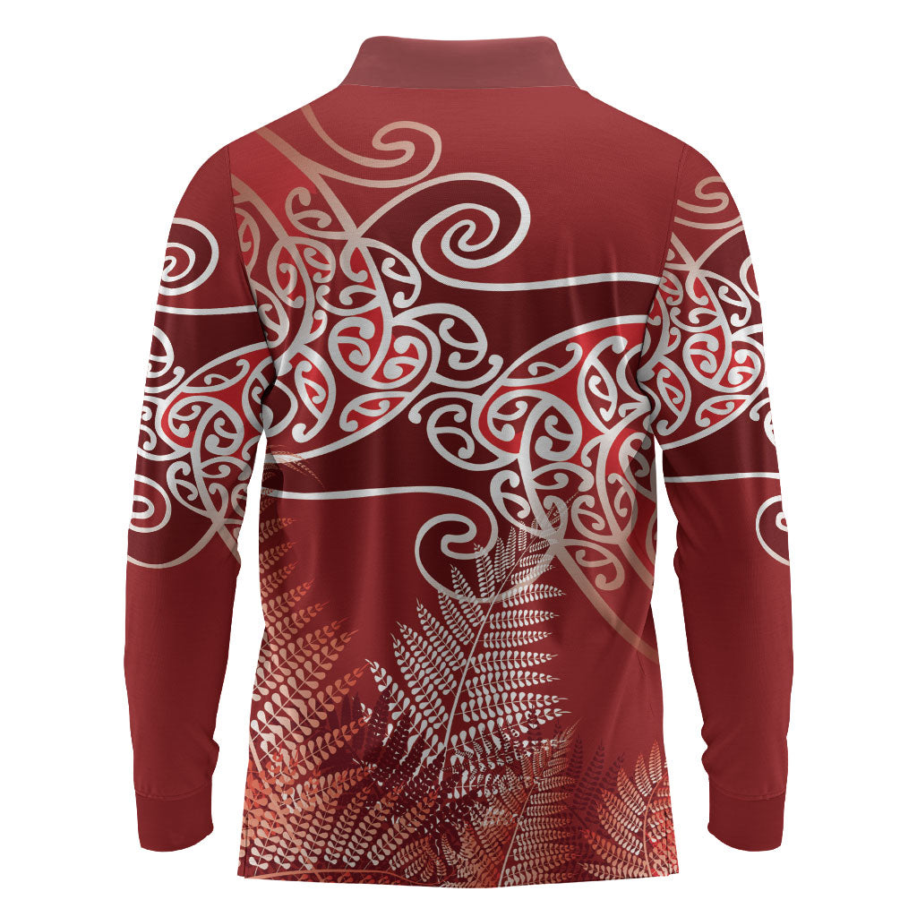 Aotearoa Maori Koru Curves Long Sleeve Polo Shirt Silver Ferns - Crimson Red LT7 - Polynesian Pride