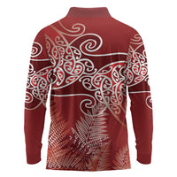 Aotearoa Maori Koru Curves Long Sleeve Polo Shirt Silver Ferns - Crimson Red LT7 - Polynesian Pride