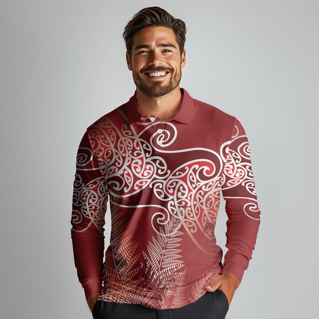 Aotearoa Maori Koru Curves Long Sleeve Polo Shirt Silver Ferns - Crimson Red LT7 - Polynesian Pride