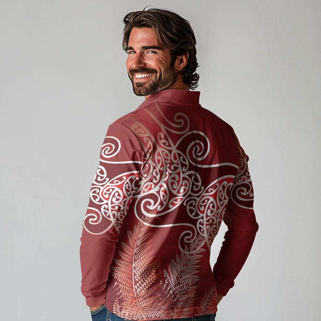 Aotearoa Maori Koru Curves Long Sleeve Polo Shirt Silver Ferns - Crimson Red LT7 - Polynesian Pride