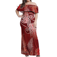 Aotearoa Maori Koru Curves Off Shoulder Maxi Dress Silver Ferns - Crimson Red