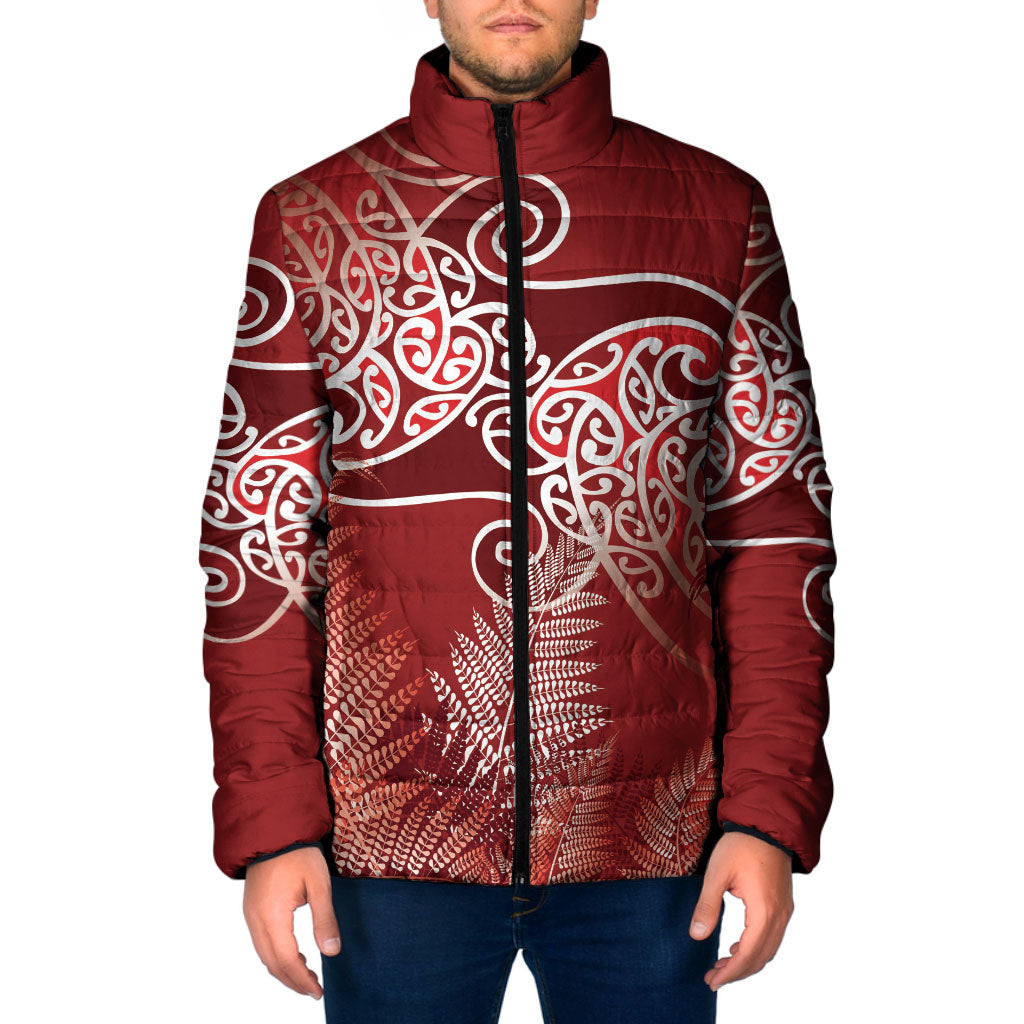 Aotearoa Maori Koru Curves Padded Jacket Silver Ferns - Crimson Red