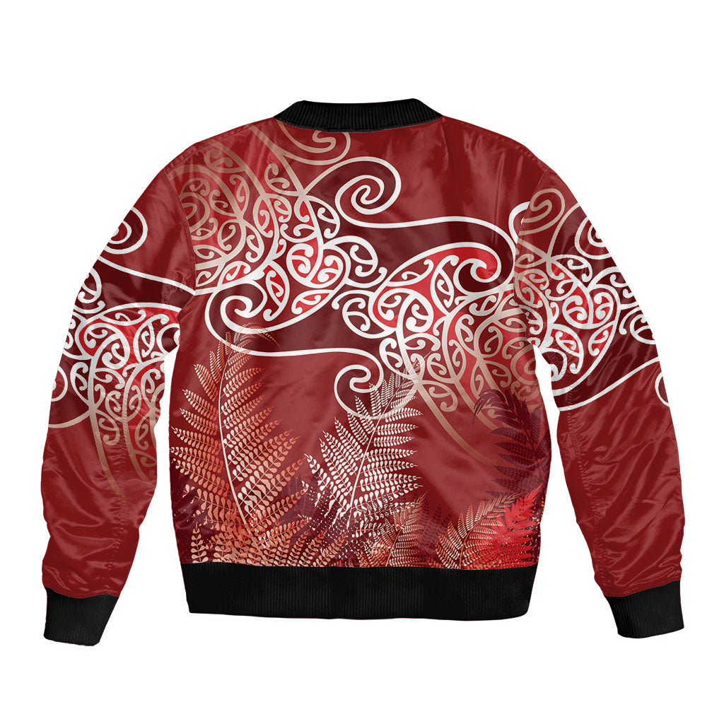 Aotearoa Maori Koru Curves Sleeve Zip Bomber Jacket Silver Ferns - Crimson Red
