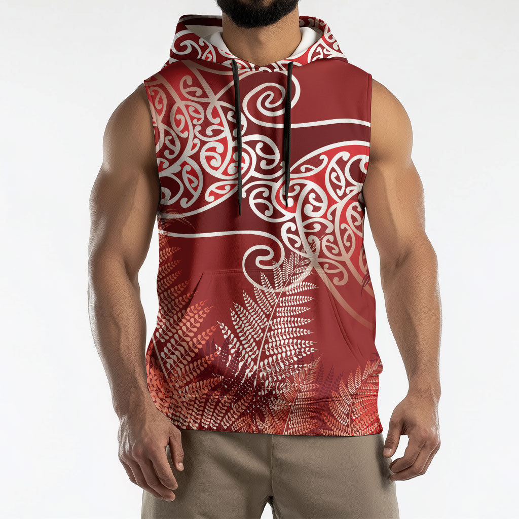 Aotearoa Maori Koru Curves Sleeveless Hoodie Silver Ferns - Crimson Red